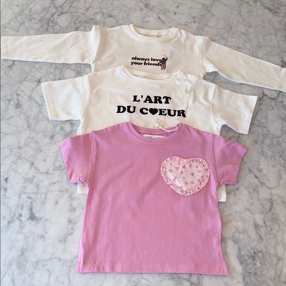 Zara Kids Long Sleeve & 2 Short Sleeve Tee Bundle- Pink and White Set 2Y